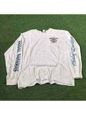 Harley Davidson Nassau Bahamas Long Sleeve T Shirt Mens Size L White Blue Biker